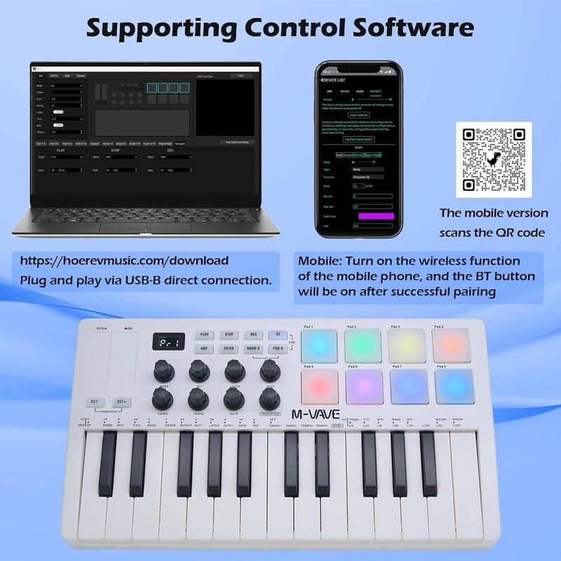 M-VAVE 25 مفتاح 8 وسادات درام مضاءة MIDI لوحة مفاتيح – صانع إيقاعات محترف وكيتر لإنتاج الموسيقى على لوحة المفاتيح مع بطارية مدمجة اتصال لاسلكي أبيض - Image 3